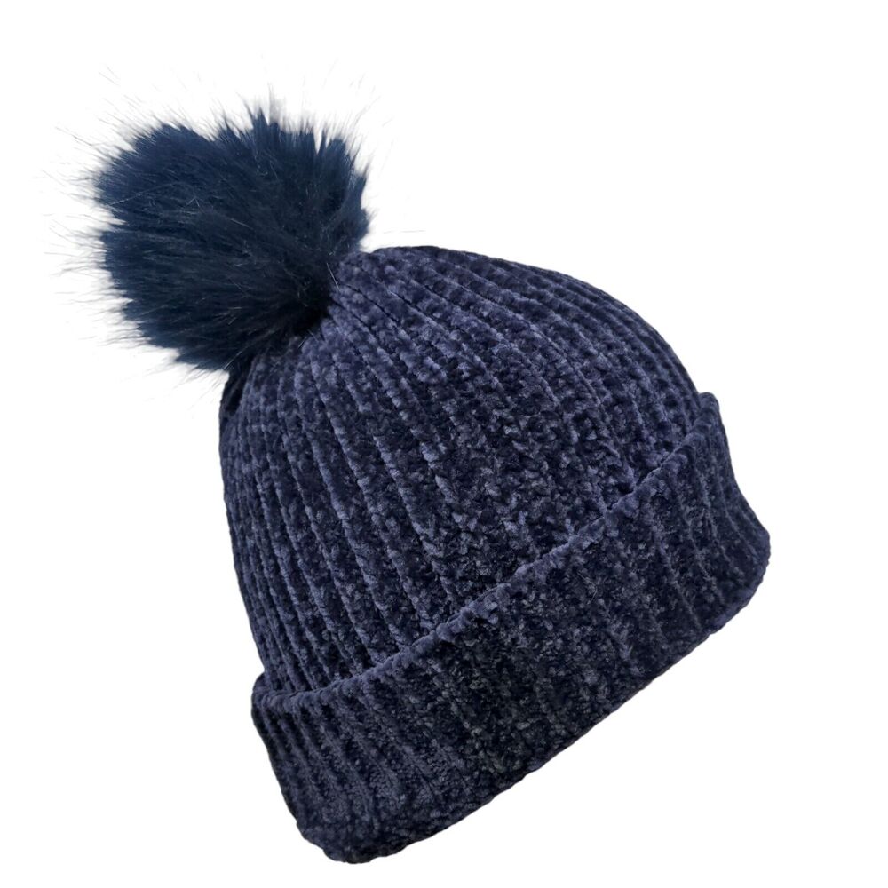 LOFT Beanie Hat Blue One Size Stretch Ribbed Knit Pom Pom Fleece Blank